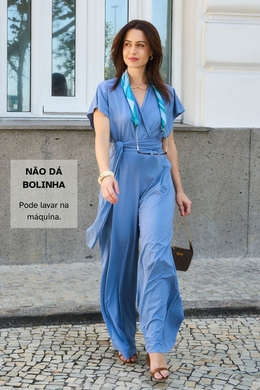 Macacão Elegante Decote V Com Bolsos Disfarça Barriguinha Fluity