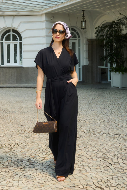 Macacão Elegante Decote V Com Bolsos Disfarça Barriguinha Fluity