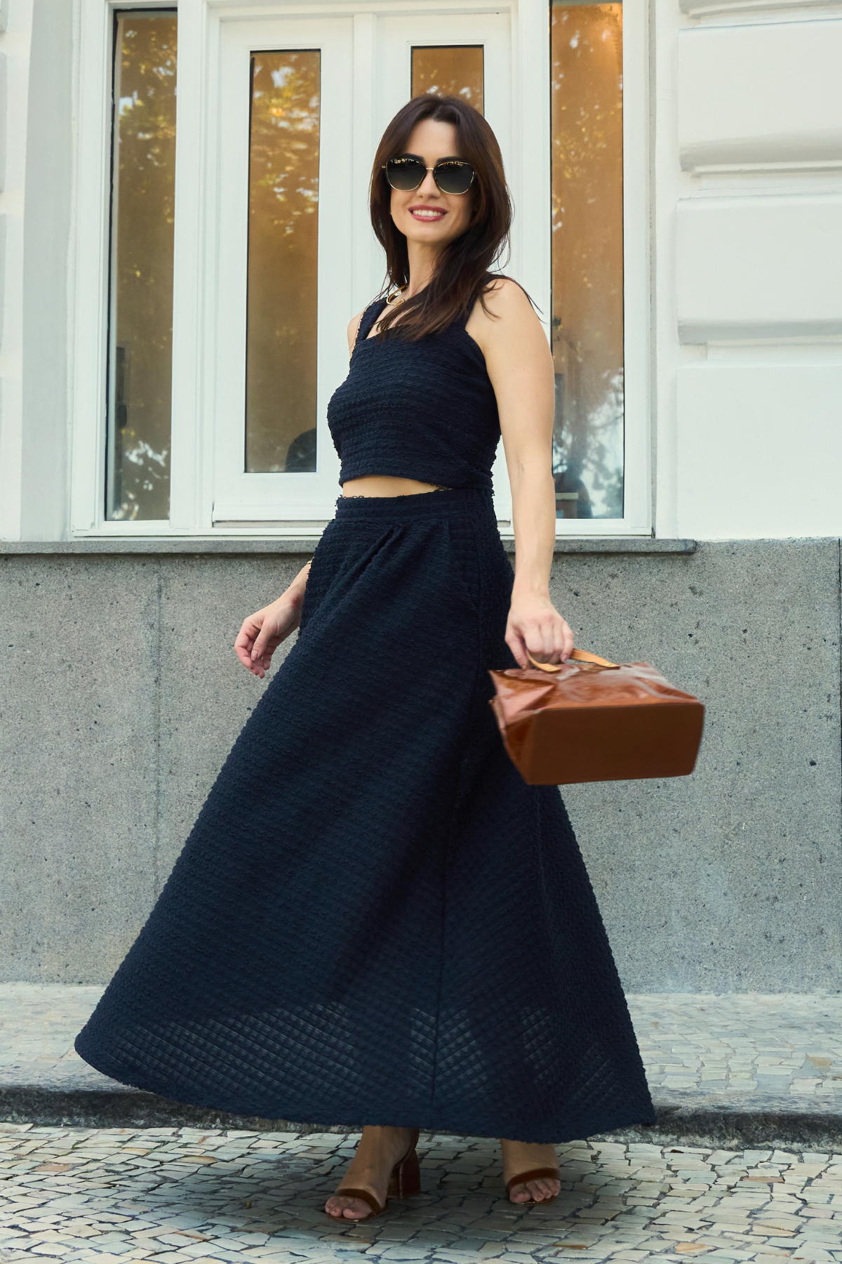 Saia Loha Midi com Bolsos Textura Boho Elegante