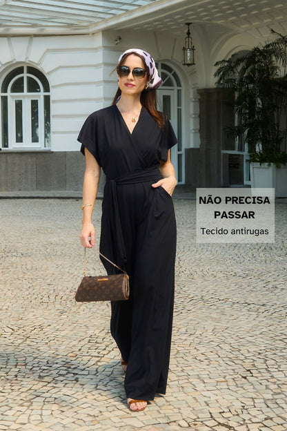Macacão Elegante Decote V Com Bolsos Disfarça Barriguinha Fluity